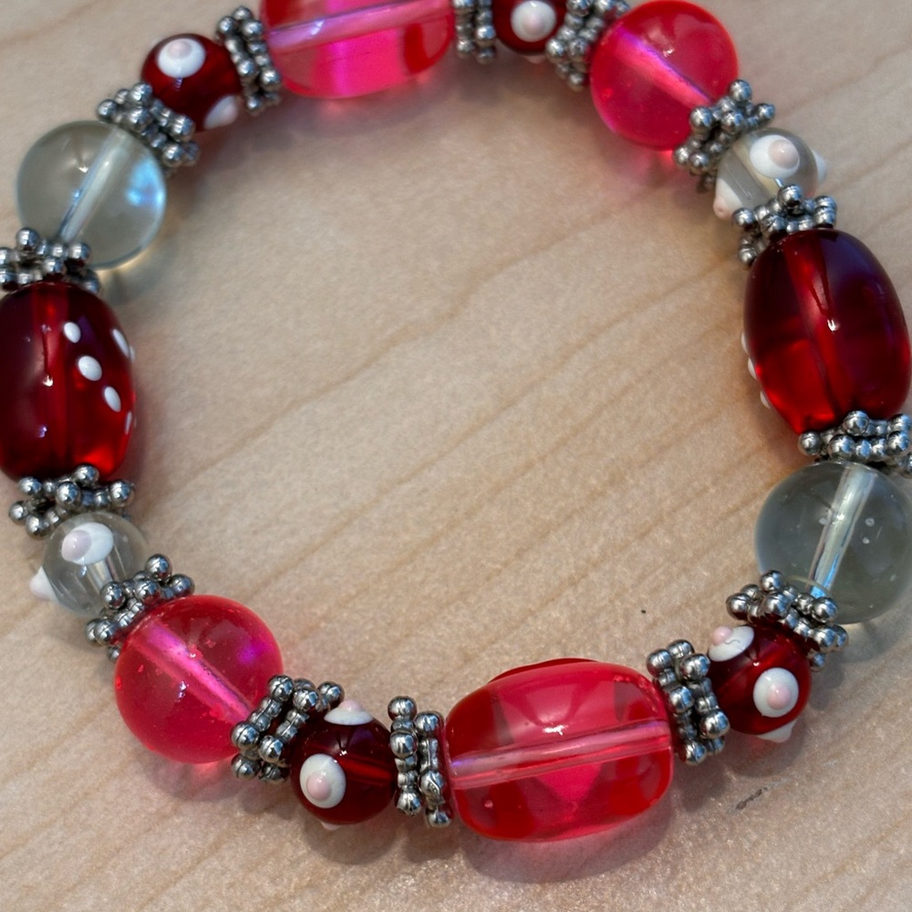 Pink pandora style bracelet/pink, red, white & clear beads/fits wrist size 7